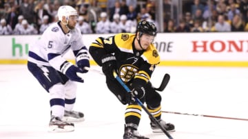 BOSTON, MA - MAY 4: Ryan Donato #17 of the Boston Bruins skates against the Tampa Bay Lightning during the third period of Game Four of the Eastern Conference Second Round during the 2018 NHL Stanley Cup Playoffs at TD Garden on May 4, 2018 in Boston, Massachusetts.(Photo by Maddie Meyer/Getty Images)