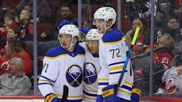 Apr 21, 2022; Newark, New Jersey, USA; The Buffalo Sabres celebrate a goal by left wing Jeff Skinner (53) against the New Jersey Devils during the third period at Prudential Center. Mandatory Credit: Ed Mulholland-USA TODAY Sports