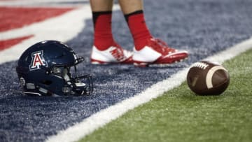 Oct 29, 2016; Tucson, AZ, USA; An Arizona Wildcats helmet on the field before the game against the Stanford Cardinal at Arizona Stadium. Mandatory Credit: Casey Sapio-USA TODAY Sports