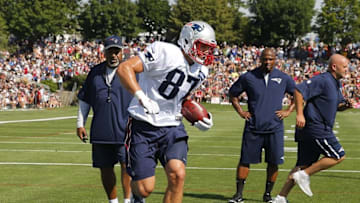 Jul 28, 2016; Foxboro, MA, USA; New England Patriots tight end Rob Gronkowski (87) runs drills during training camp at Gillette Stadium. Mandatory Credit: Winslow Townson-USA TODAY Sports