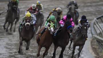 May 21, 2016; Baltimore, MD, USA; American Freedom pulls ahead coming out of the fourth turn for the win during the 11th race during the 141st running of the Preakness Stakes at Pimlico Race Course. Mandatory Credit: Tommy Gilligan-USA TODAY Sports