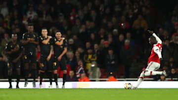 LONDON, ENGLAND - OCTOBER 24: Nicolas Pepe of Arsenal scores his team's second goal during the UEFA Europa League group F match between Arsenal FC and Vitoria Guimaraes at Emirates Stadium on October 24, 2019 in London, United Kingdom. (Photo by Naomi Baker/Getty Images)