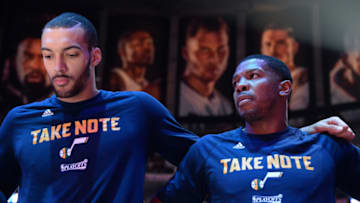LOS ANGELES, CA - APRIL 25: Rudy Gobert #27 and Joe Johnson #6 of the Utah Jazz stand on the cour before Game Five of the Western Conference Quarterfinals against the LA Clippers of the 2017 NBA Playoffs on April 25, 2017 at STAPLES Center in Los Angeles, California. Copyright 2017 NBAE (Photo by Andrew D. Bernstein/NBAE via Getty Images)