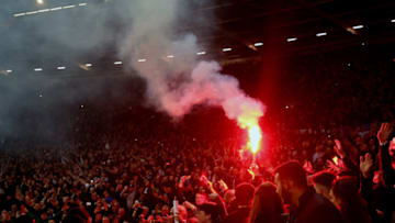 STRATFORD, ENGLAND - MAY 05: West Ham United fans with a flare during the Premier League match between West Ham United and Tottenham Hotspur at London Stadium on May 5, 2017 in Stratford, England. (Photo by Catherine Ivill - AMA/Getty Images)