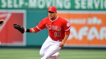 July 1, 2015; Anaheim, CA, USA; Los Angeles Angels first baseman Efren Navarro (19) fields a hit in the fifth inning against the New York Yankees at Angel Stadium of Anaheim. Mandatory Credit: Gary A. Vasquez-USA TODAY Sports
