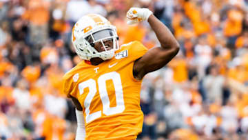 KNOXVILLE, TN - OCTOBER 12: Bryce Thompson #20 of the Tennessee Volunteers reacts during a game against the Mississippi State Bulldogs at Neyland Stadium on October 12, 2019 in Knoxville, Tennessee. (Photo by Carmen Mandato/Getty Images)