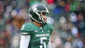 Oct 27, 2018; East Lansing, MI, USA; Michigan State Spartans linebacker Andrew Dowell (5) stands on the field during the second half of a game against the Purdue Boilermakers at Spartan Stadium. Mandatory Credit: Mike Carter-USA TODAY Sports