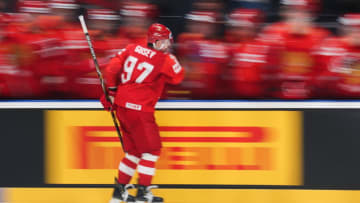 BRATISLAVA, SLOVAKIA - MAY 26, 2019: Russia's Nikita Gusev celebrates scoring during a penalty shootout in the 2019 IIHF Ice Hockey World Championship Bronze medal match against the Czech Republic at Ondrej Nepela Arena. The Russian team won the game 3-2 in penalty shootout. Anton Novoderezhkin/TASS (Photo by Anton NovoderezhkinTASS via Getty Images)