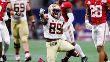 ATLANTA, GA - SEPTEMBER 02: Keith Gavin #89 of the Florida State Seminoles reacts after a catch against the Alabama Crimson Tide during their game at Mercedes-Benz Stadium on September 2, 2017 in Atlanta, Georgia. (Photo by Kevin C. Cox/Getty Images)