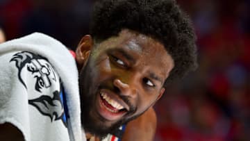 PHILADELPHIA, PA - MAY 7: Joel Embiid #21 of the Philadelphia 76ers looks on during the game against the Boston Celtics during Game Four of the Eastern Conference Semifinals of the 2018 NBA Playoffs on May 5, 2018 at Wells Fargo Center in Philadelphia, Pennsylvania. NOTE TO USER: User expressly acknowledges and agrees that, by downloading and or using this photograph, User is consenting to the terms and conditions of the Getty Images License Agreement. Mandatory Copyright Notice: Copyright 2018 NBAE (Photo by Jesse D. Garrabrant/NBAE via Getty Images)