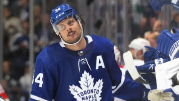 TORONTO, ON - APRIL 26: Auston Matthews #34 of the Toronto Maple Leafs celebrates his 60th goal of the season during an NHL game against the Detroit Red Wings at Scotiabank Arena on April 26, 2022 in Toronto, Ontario, Canada. The Maple Leafs defeated the Red Wings 3-0. (Photo by Claus Andersen/Getty Images)