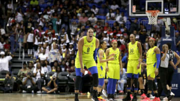 ARLINGTON, TX - AUGUST 17: Elizabeth Cambage #8 of the Dallas Wings reacts during the game against the Las Vegas Aces on August 17, 2018 at College Park Center in Arlington, Texas. NOTE TO USER: User expressly acknowledges and agrees that, by downloading and or using this photograph, user is consenting to the terms and conditions of the Getty Images License Agreement. Mandatory Copyright Notice: Copyright 2018 NBAE (Photos by Tim Heitman/NBAE via Getty Images)