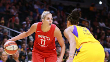 LOS ANGELES, CA - JULY 07: Elena Delle Donne #11 of the Washington Mystics handles the ball against Candace Parker #3 of the Los Angeles Sparks during a WNBA basketball game at Staples Center on July 7, 2018 in Los Angeles, California. (Photo by Leon Bennett/Getty Images)