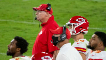Sep 28, 2020; Baltimore, Maryland, USA; Kansas City Chiefs head coach Andy Reid looks onto the field during the second half against the Baltimore Ravens at M&T Bank Stadium. Mandatory Credit: Tommy Gilligan-USA TODAY Sports