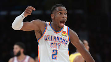 OKC Thunder guard Gilgeous-Alexander (2) celebrates after a three-point basket in the fourth quarter against the Lakers: Jayne Kamin-Oncea-USA TODAY Sports