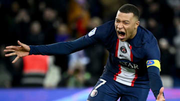 Paris Saint-Germain's French forward Kylian Mbappe celebrates after scoring a goal during the French L1 football match between Paris Saint-Germain (PSG) and FC Nantes at The Parc des Princes Stadium in Paris on March 4, 2023. (Photo by FRANCK FIFE / AFP) (Photo by FRANCK FIFE/AFP via Getty Images)