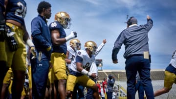 SOUTH BEND, IN - APRIL 22: Notre Dame Fighting Irish football players run onto the field during the Notre Dame Fighting Irish Blue-Gold Spring Game on April 22, 2017, at Notre Dame Stadium in South Bend, IN. (Photo by Robin Alam/Icon Sportswire via Getty Images)