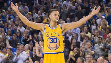 March 29, 2016; Oakland, CA, USA; Golden State Warriors guard Stephen Curry (30) celebrates against the Washington Wizards during the second quarter at Oracle Arena. Mandatory Credit: Kyle Terada-USA TODAY Sports