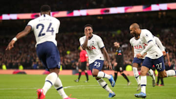 LONDON, ENGLAND - FEBRUARY 02: Steven Bergwijn of Tottenham Hotspur celebrates with teammates after scoring his team's first goal during the Premier League match between Tottenham Hotspur and Manchester City at Tottenham Hotspur Stadium on February 02, 2020 in London, United Kingdom. (Photo by Catherine Ivill/Getty Images)