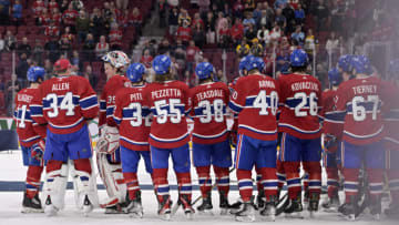 Apr 13, 2023; Montreal, Quebec, CAN; The Montreal Canadiens salute the fans after the game against the Boston Bruins at the Bell Centre. Mandatory Credit: Eric Bolte-USA TODAY Sports