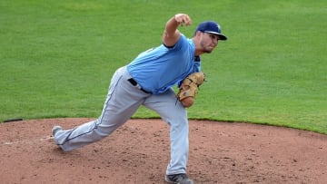 Mar 13, 2016; Dunedin, FL, USA; Tampa Bay Rays pitcher Jacob Faria (34) throws the ball in the fourth inning of the spring training game against the Toronto Blue Jays at Florida Auto Exchange Park. Mandatory Credit: Jonathan Dyer-USA TODAY Sports