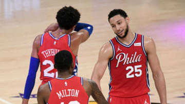 Matisse Thybulle, Shake Milton, Ben Simmons, Sixers (Photo by Harry How/Getty Images) NOTE TO USER: User expressly acknowledges and agrees that, by downloading and or using this photograph, User is consenting to the terms and conditions of the Getty Images License Agreement.