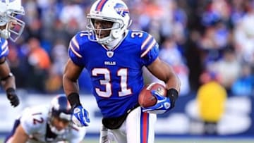 Dec 24, 2011; Orchard Park, NY, USA; Buffalo Bills free safety Jairus Byrd (31) intercepts a pass from Denver Broncos quarterback Tim Tebow (not pictured) and runs it back for a touchdown during the second half at Ralph Wilson Stadium. Mandatory Credit: Kevin Hoffman-USA TODAY Sports