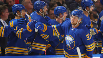 Oct 6, 2023; Buffalo, New York, USA; Buffalo Sabres center Casey Mittelstadt (37) celebrates his goal with teammates during the third period against the Pittsburgh Penguins at KeyBank Center. Mandatory Credit: Timothy T. Ludwig-USA TODAY Sports