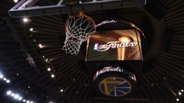 Jun 3, 2015; Oakland, CA, USA; A view of the NBA Finals logo on the score board during practice prior to the NBA Finals at Oracle Arena. Mandatory Credit: Kyle Terada-USA TODAY Sports