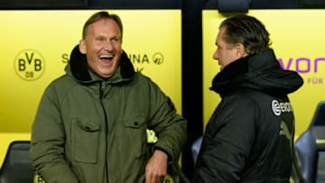 DORTMUND, GERMANY - DECEMBER 15: Hans-Joachim Watzke of Dortmund and Michael Zorc of Dortmund laughs during the Bundesliga match between Borussia Dortmund and SV Werder Bremen at the Signal Iduna Park on December 15, 2018 in Dortmund, Germany. (Photo by TF-Images/TF-Images via Getty Images)