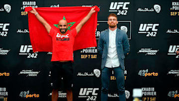 ABU DHABI, UNITED ARAB EMIRATES - SEPTEMBER 05: (L-R) Ottman Azaitar of Germany and Teemu Packalen of Finland pose for the media during the UFC 242 Ultimate Media Day at the Yas Hotel on September 5, 2019 in Abu Dhabi, United Arab Emirates. (Photo by Jeff Bottari/Zuffa LLC/Zuffa LLC via Getty Images)