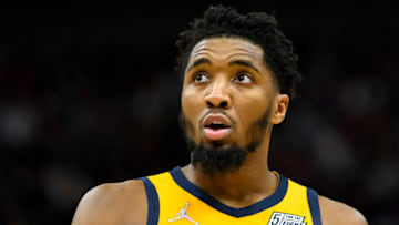 SALT LAKE CITY, UTAH - FEBRUARY 07: Donovan Mitchell #45 of the Utah Jazz in action during a game against the New York Knicks at Vivint Smart Home Arena on February 07, 2022 in Salt Lake City, Utah. NOTE TO USER: User expressly acknowledges and agrees that, by downloading and or using this photograph, User is consenting to the terms and conditions of the Getty Images License Agreement. (Photo by Alex Goodlett/Getty Images)