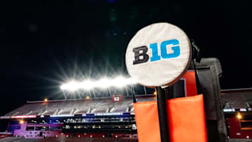 PISCATAWAY, NJ - DECEMBER 18: A detailed view of a Big Ten Conference yard marker during a regular season game between the Rutgers Scarlet Knights and Nebraska Cornhuskers at SHI Stadium on December 18, 2020 in Piscataway, New Jersey. (Photo by Benjamin Solomon/Getty Images)