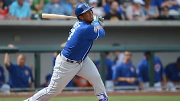 Mar 7, 2016; Mesa, AZ, USA; Kansas City Royals right fielder Jose Martinez (74) swings the bat during the fourth inning against the Chicago Cubs at Sloan Park. Mandatory Credit: Joe Camporeale-USA TODAY Sports