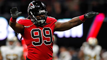ATLANTA, GA - DECEMBER 07: Adrian Clayborn #99 of the Atlanta Falcons reacts after sacking Drew Brees #9 of the New Orleans Saints at Mercedes-Benz Stadium on December 7, 2017 in Atlanta, Georgia. (Photo by Kevin C. Cox/Getty Images)