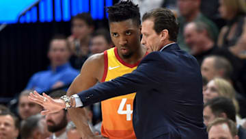 SALT LAKE CITY, UT - APRIL 03: Head coach Quin Snyder of the Utah Jazz talks with Donovan Mitchell #45 in the first half of a game against the Los Angeles Lakers at Vivint Smart Home Arena on April 3, 2018 in Salt Lake City, Utah. NOTE TO USER: User expressly acknowledges and agrees that, by downloading and or using this photograph, User is consenting to the terms and conditions of the Getty Images License Agreement. (Photo by Gene Sweeney Jr./Getty Images)