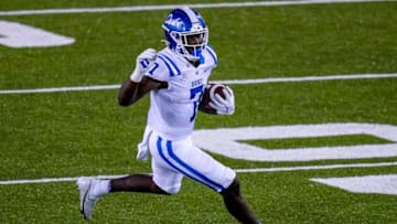 Sep 3, 2021; Charlotte, North Carolina, USA; Duke Blue Devils running back Jordan Waters (7) runs for yardage against the Charlotte 49ers during the second quarter at Jerry Richardson Stadium. Mandatory Credit: Jim Dedmon-USA TODAY Sports