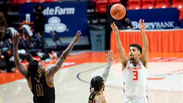 Nov 25, 2020; Champaign, Illinois, USA; Illinois Fighting Illini guard Jacob Grandison (3) hits a three point shot during the second half against the North Carolina A&T Aggies at the State Farm Center. Mandatory Credit: Patrick Gorski-USA TODAY Sports