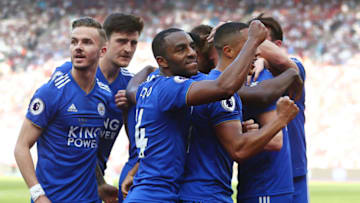 LONDON, ENGLAND - APRIL 20: Harvey Barnes of Leicester City celebrates with teammates after scoring his team's second goal during the Premier League match between West Ham United and Leicester City at London Stadium on April 20, 2019 in London, United Kingdom. (Photo by Jordan Mansfield/Getty Images)