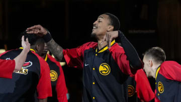 Jan 30, 2022; Atlanta, Georgia, USA; Atlanta Hawks forward John Collins (20) reacts with teammates during player introductions before the game against the Los Angeles Lakers at State Farm Arena. Mandatory Credit: Dale Zanine-USA TODAY Sports