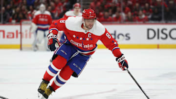 WASHINGTON, DC - FEBRUARY 23: Alex Ovechkin #8 of the Washington Capitals skates with the puck against the Pittsburgh Penguins during the first period at Capital One Arena on February 23, 2020 in Washington, DC. (Photo by Patrick Smith/Getty Images)