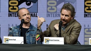 SAN DIEGO, CA - JULY 19: Aaron Paul (L) and Bryan Cranston speak onstage during the "Breaking Bad" 10th Anniversary Celebration during Comic-Con International 2018 at San Diego Convention Center on July 19, 2018 in San Diego, California. (Photo by Kevin Winter/Getty Images)