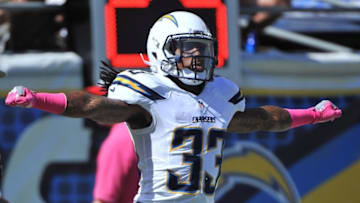 Oct 2, 2016; San Diego, CA, USA; San Diego Chargers running back Dexter McCluster (33) signals during a kickoff during the first half of the game against the New Orleans Saints at Qualcomm Stadium. New Orleans won 35-34. Mandatory Credit: Orlando Ramirez-USA TODAY Sports