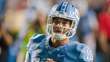 Sep 12, 2015; Chapel Hill, NC, USA; North Carolina Tar Heels quarterback Mitch Trubisky (10) runs in for a touchdown during the fourth quarter against the North Carolina A&T Aggies at Kenan Memorial Stadium. The Tar Heels defeated North Carolina A&T Aggies 53-14. Mandatory Credit: Jeremy Brevard-USA TODAY Sports