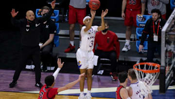 Mar 20, 2021; Indianapolis, IN, USA; Kansas Jayhawks guard Dajuan Harris (3) makes a shot against the Eastern Washington Eagles during the first round of the 2021 NCAA Tournament at Indiana Farmers Coliseum. Mandatory Credit: Katie Stratman-USA TODAY Sports