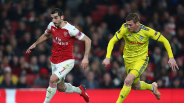 LONDON, ENGLAND - FEBRUARY 21: Henrikh Mkhitaryan of Arsenal is challenged by Aleksandar Filipovic of FC BATE during the UEFA Europa League Round of 32 Second Leg match between Arsenal and BATE Borisov at Emirates Stadium on February 21, 2019 in London, United Kingdom. (Photo by Clive Rose/Getty Images)