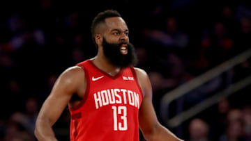 NEW YORK, NEW YORK - JANUARY 23: James Harden #13 of the Houston Rockets celebrates after teammate Gerald Green dunked in the third quarter against the New York Knicks at Madison Square Garden on January 23, 2019 in New York City.NOTE TO USER: User expressly acknowledges and agrees that, by downloading and or using this photograph, User is consenting to the terms and conditions of the Getty Images License Agreement. (Photo by Elsa/Getty Images)