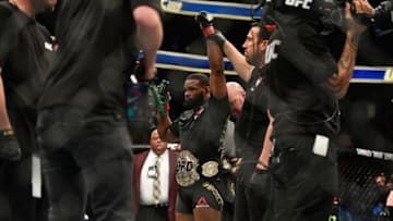 LAS VEGAS, NV - MARCH 04: Tyron Woodley reacts to his victory over Stephen Thompson in their UFC welterweight championship bout during the UFC 209 event at T-Mobile Arena on March 4, 2017 in Las Vegas, Nevada. (Photo by Jeff Bottari/Zuffa LLC/Zuffa LLC via Getty Images)