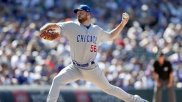 DENVER, COLORADO - JUNE 12: Pitcher Kyle Ryan #56 of the Chicago Cubs throws in the eighth inning against the Colorado Rockies at Coors Field on June 12, 2019 in Denver, Colorado. (Photo by Matthew Stockman/Getty Images)