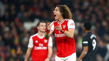 LONDON, ENGLAND - JANUARY 01: David Luiz of Arsenal reacts during the Premier League match between Arsenal FC and Manchester United at Emirates Stadium on January 01, 2020 in London, United Kingdom. (Photo by Julian Finney/Getty Images)